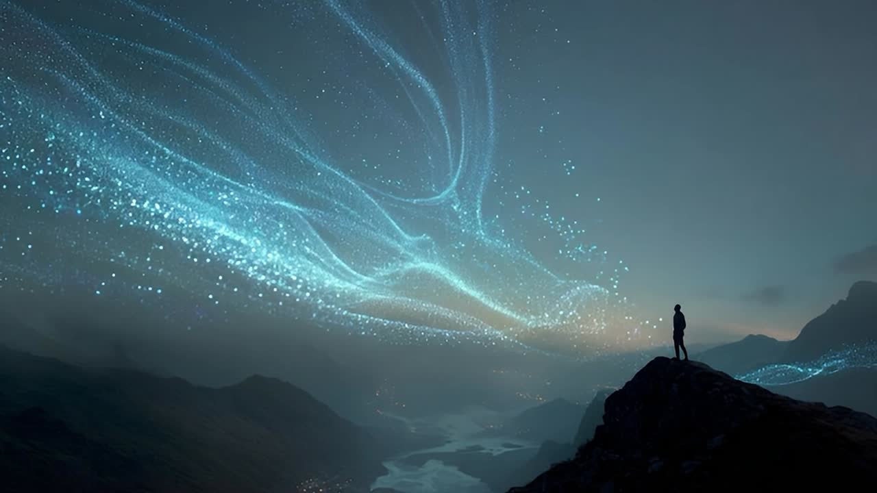 Stunning night sky with luminous elements over a mountain landscape
