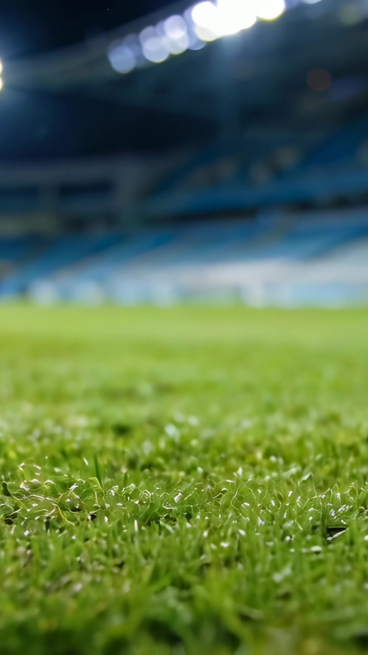 Pystyvideo: Kamera tarkentaa paljastaen vihreän nurmen stadionilla, näyttäen siniset katsomot ja valot.
