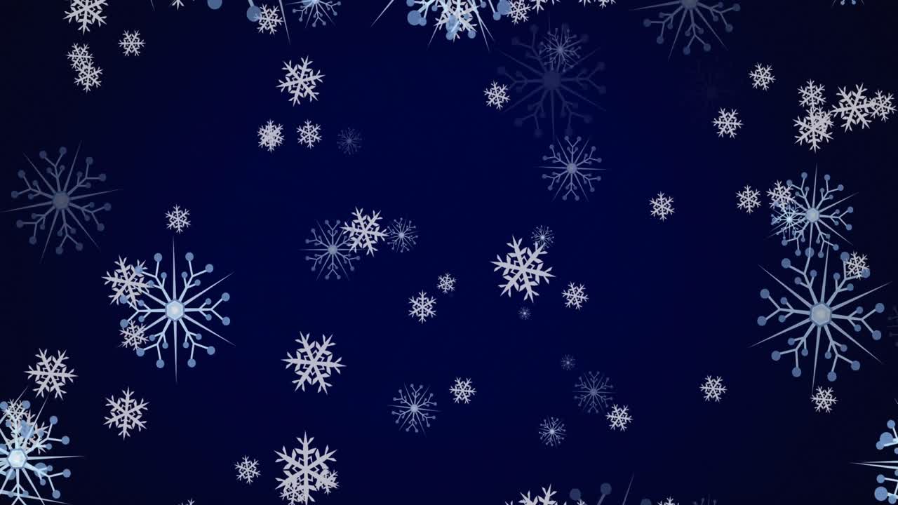 Animation of christmas snowflakes falling on dark blue background