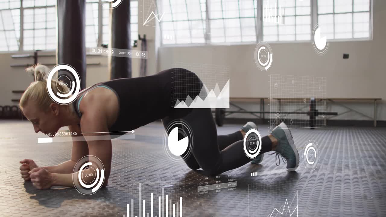 Animation of data processing and diagrams over caucasian woman exercising at gym