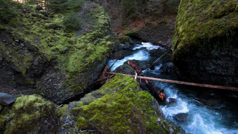 a drone moving down as an active river flows downstream