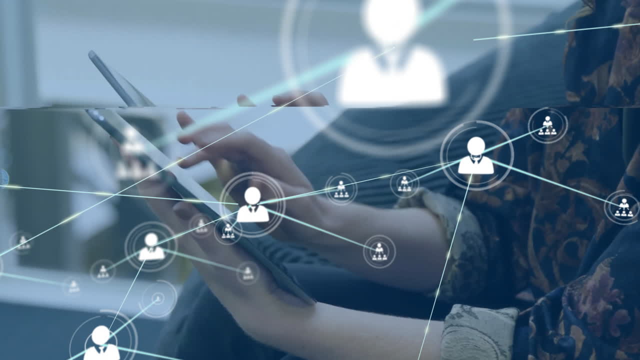 Animation of network of connections with icons over caucasian woman using tablet