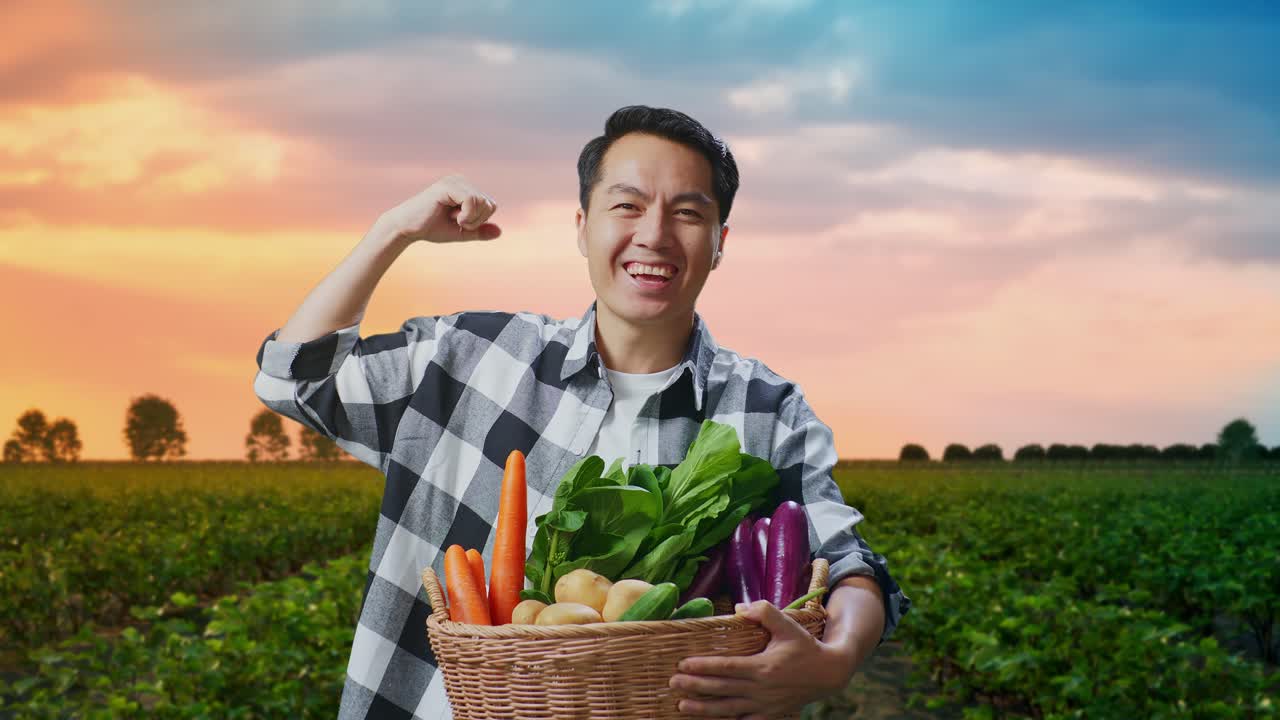 신선 한 채소 바구니 를 가진 행복 한 농부