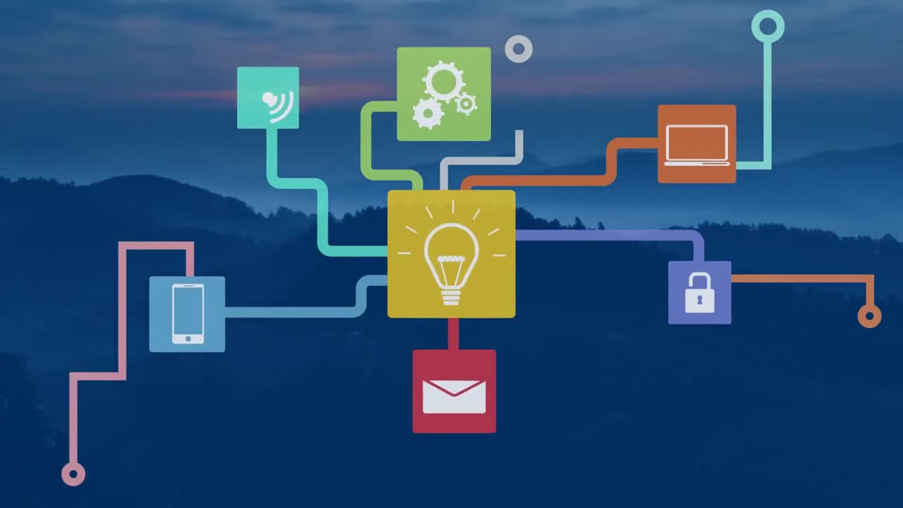 풍경 위의 아이콘으로 연결된 네트워크의 애니메이션