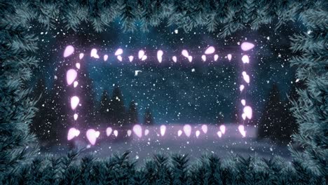 animación de luces de hadas marco y ramas de abeto y nieve cayendo