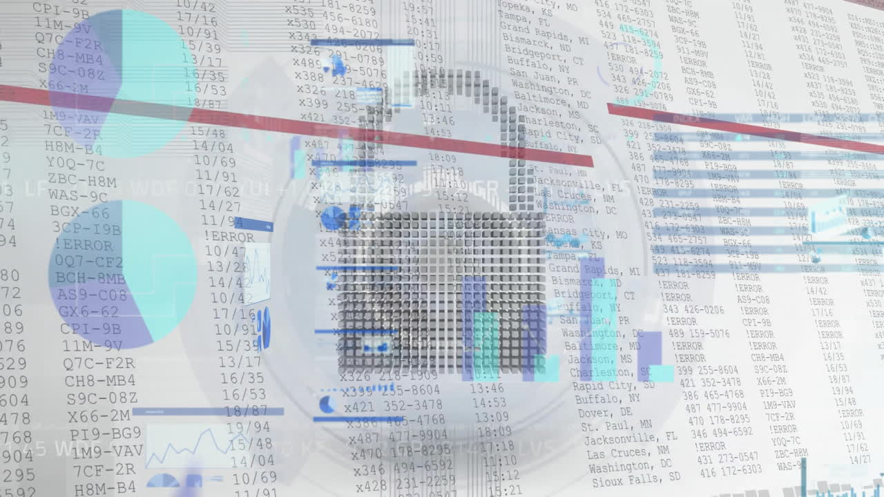 animación de iconos de nube, candado y escudo sobre procesamiento de datos en fondo blanco