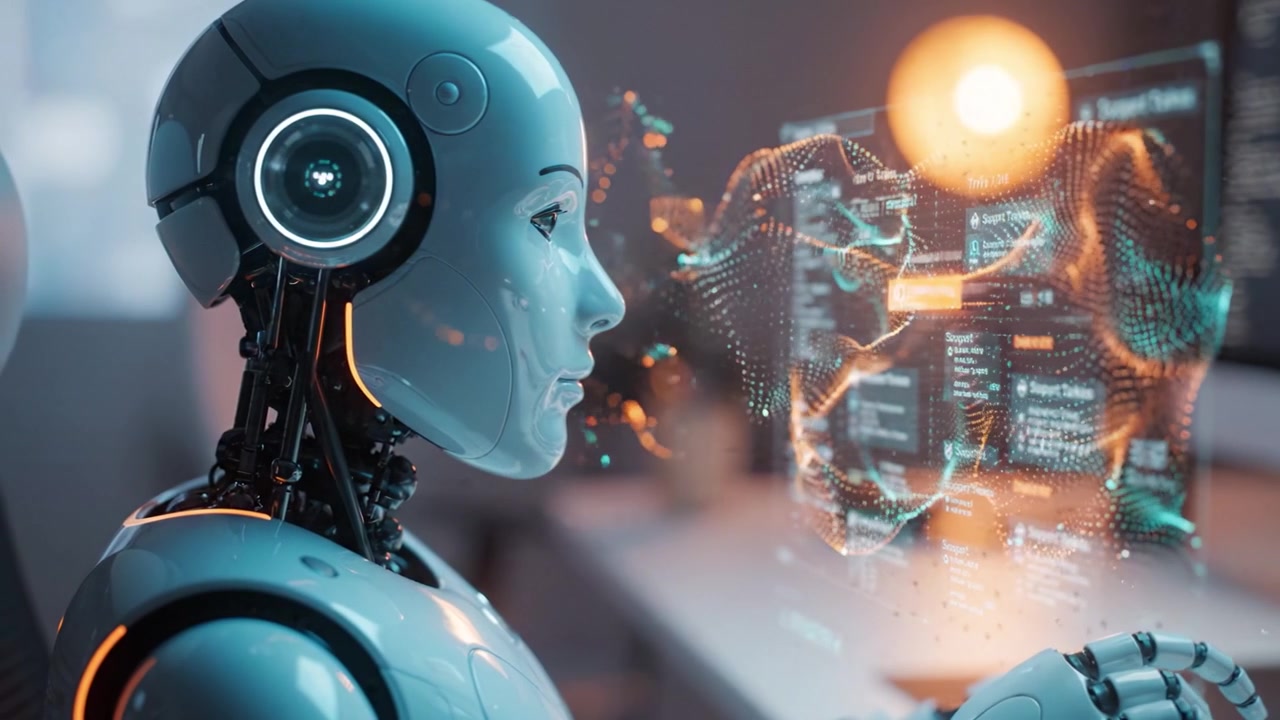 Futuristic robot analyzing complex data with luminous digital interfaces, embodying advanced AI technology and human-like features in a modern workspace setting.