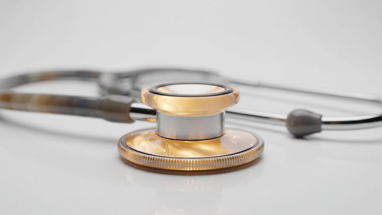 Eine Nahaufnahme eines Stethoskops auf einer minimalistischen Oberfläche, die die Details dieses medizinischen Instruments hervorhebt, das für medizinfachliche Berufe und die Patientenuntersuchung unerlässlich ist.