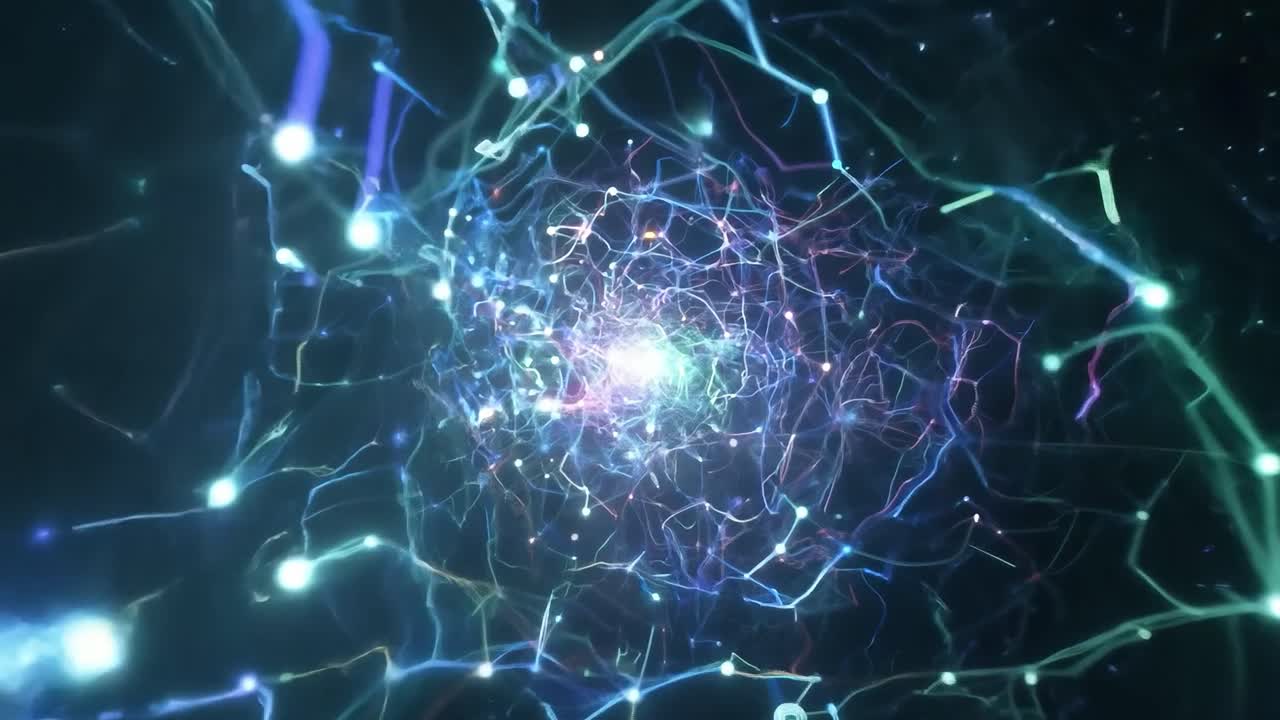 la energía azul y púrpura giratoria fluye a través de una red dinámica de nodos, creando un diseño de movimiento abstracto y futurista.