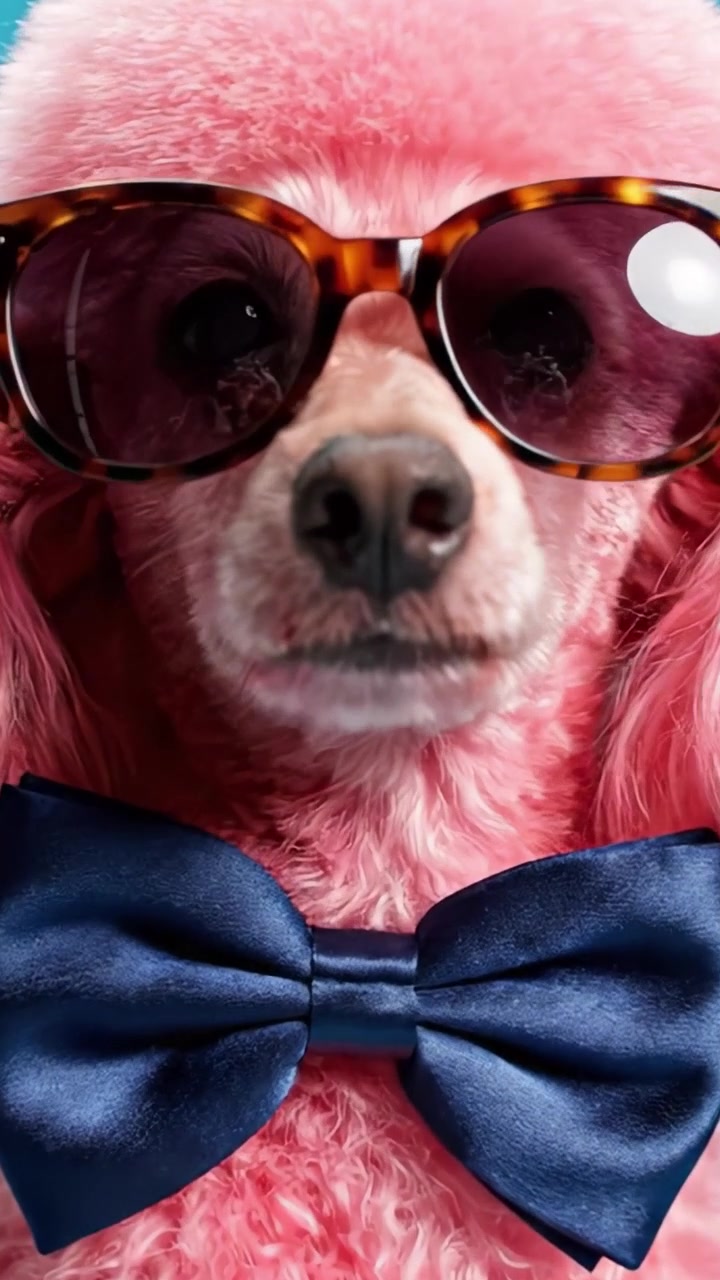 Un barboncino rosa alla moda posa con sicurezza con occhiali da sole eleganti e un papillon di classe su uno sfondo vivace, mettendo in mostra moda e fascino unici per animali domestici.