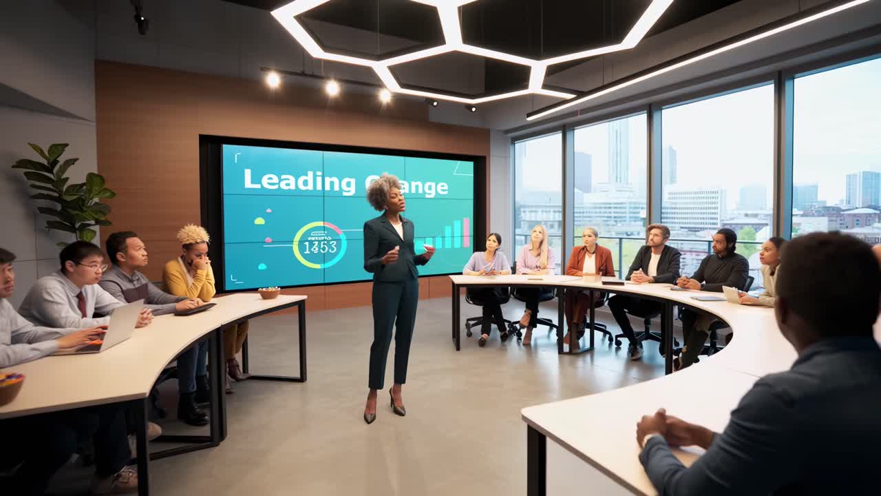 A wide-angle video shot of a diverse team in a modern office, focusing on a presenter