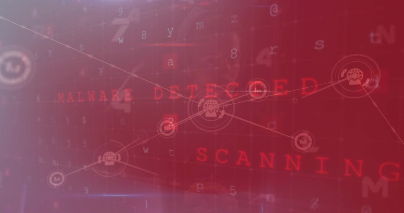 Animazione di icone connesse su testi, lettere, simboli e numeri su uno sfondo astratto.