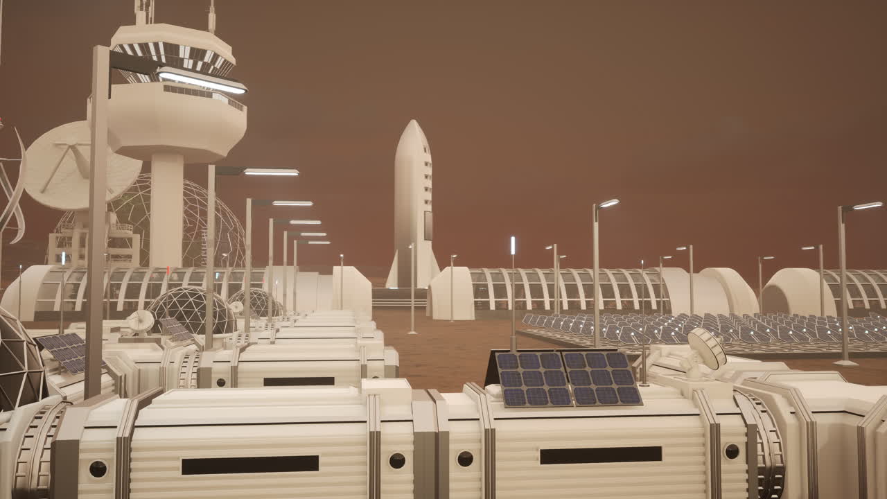 Mars colony base with futuristic buildings, solar panels, control tower