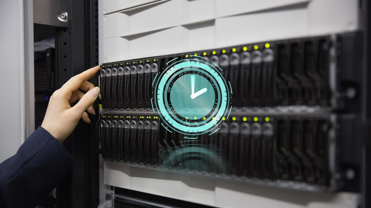 animación de un reloj que se mueve rápidamente sobre la mano de la mujer por un servidor de computadora en la sala de tecnología