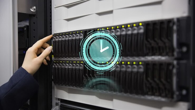 Animation of clock moving fast over woman's hand by computer server in tech room