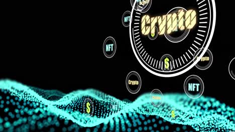 crypto concept texts on multiple round scanners against blue digital wave on black background