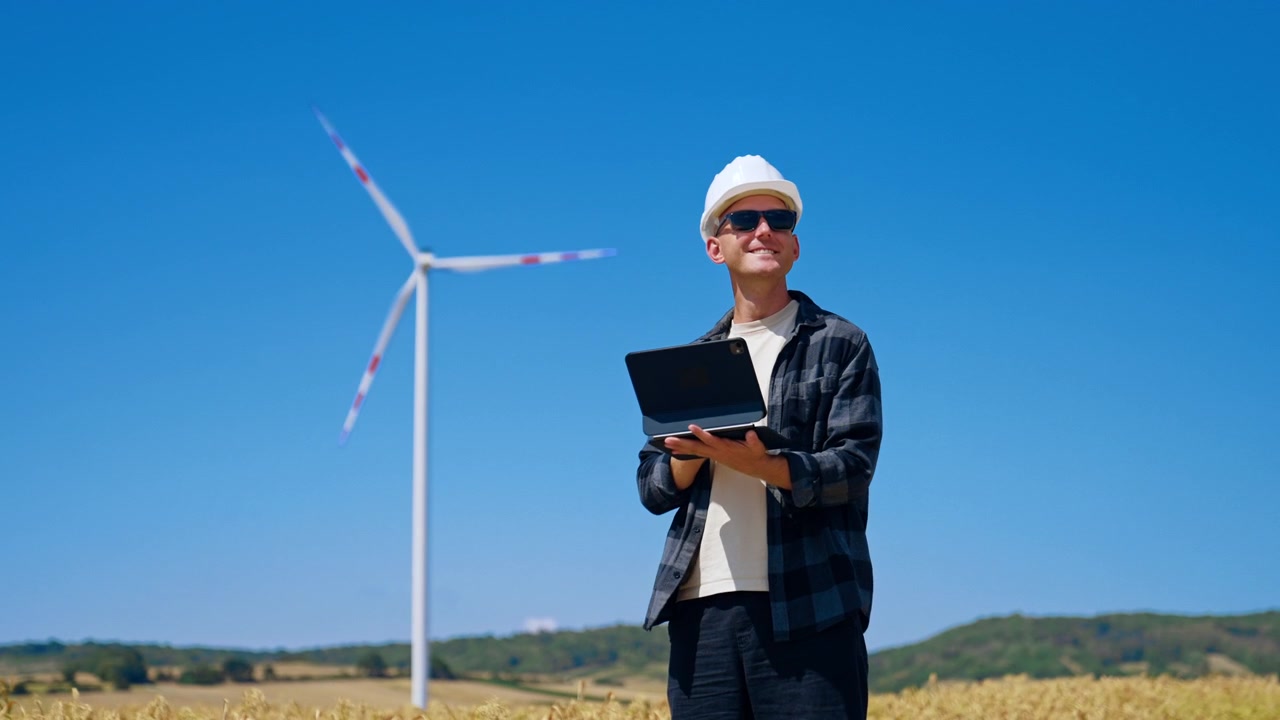 Ingeniør tjekker data på marken nær en vindmølle under blå himmel. En person bruger en bærbar computer, mens han/hun står på en mark tæt på en vindmølle på en solrig dag.