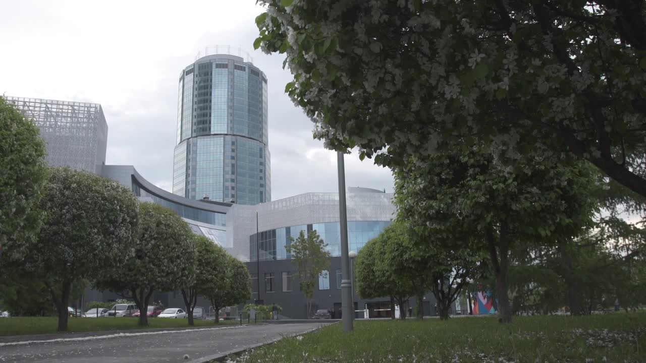 parque de la ciudad moderna con árboles en flor