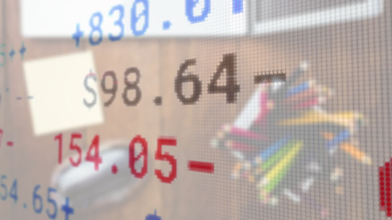 Animation of financial data processing over desk in office