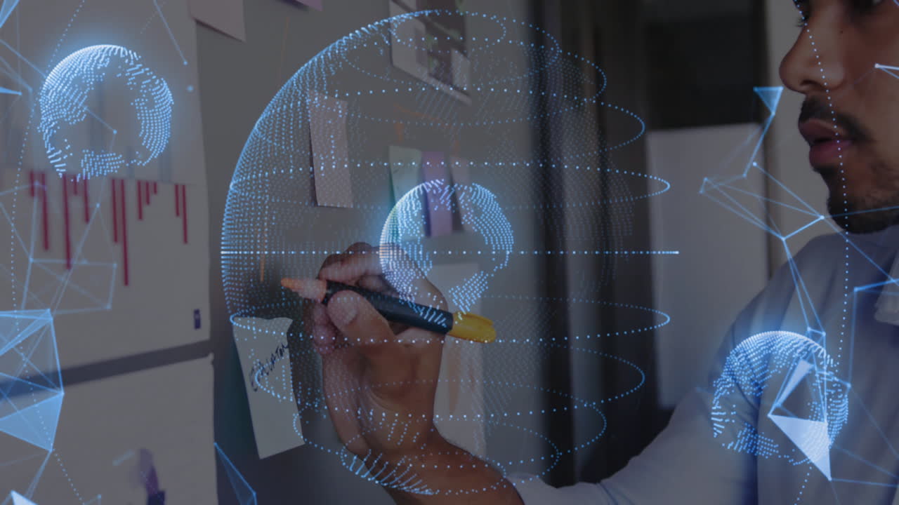 Analyzing data, business professional using digital globe and animation graphs
