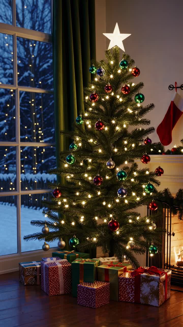 Festive Christmas tree with lights and gifts, shot from a low angle
