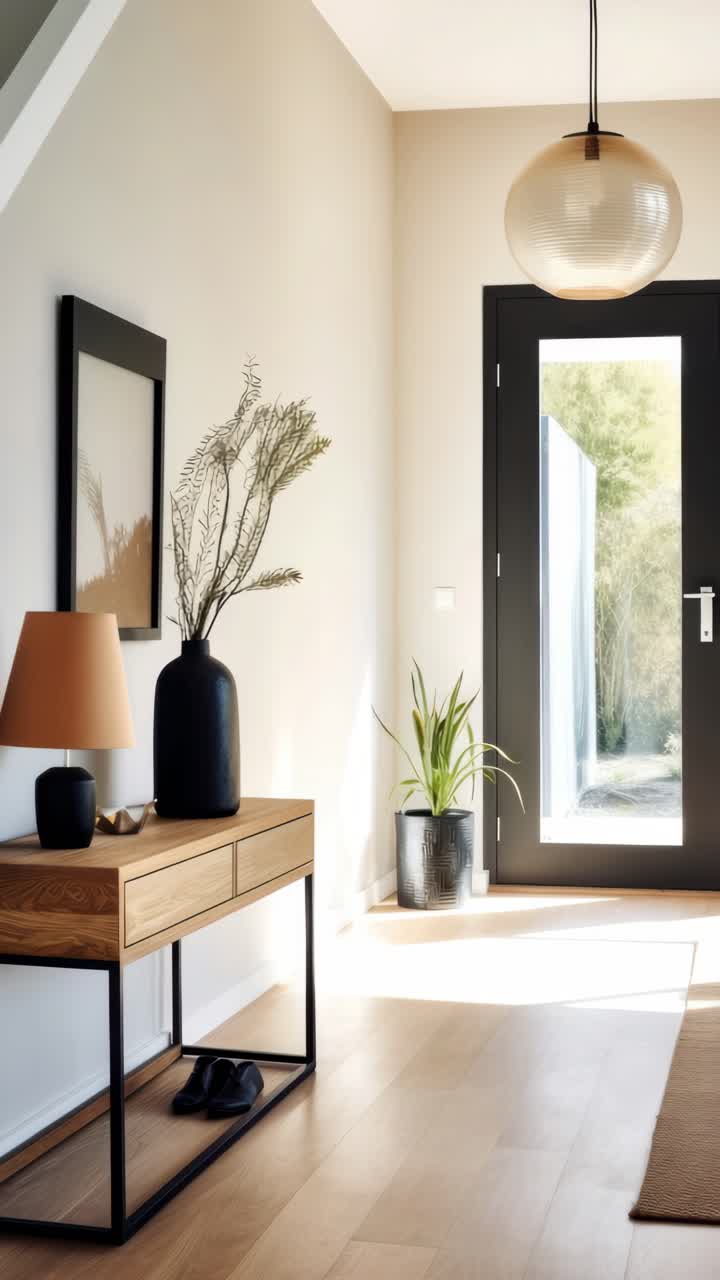 Un corridoio minimalista con luce naturale e arredamento moderno. Scatto dal basso, perfetto