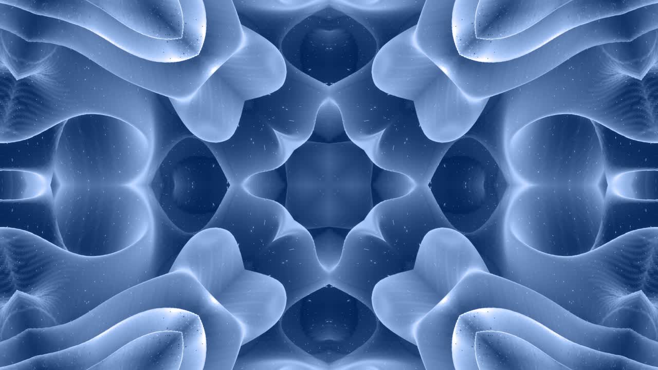 forma abstracta en 3d como una estrella o una flor, estructura simétrica de material de terciopelo azul negro intercalado con pañuelos, formas de cambios cíclicos suaves. fondo mate suave y elegante, animación suave.
