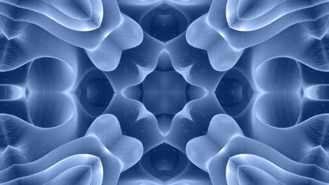 forma abstracta en 3d como una estrella o una flor, estructura simétrica de material de terciopelo azul negro intercalado con pañuelos, formas de cambios cíclicos suaves. fondo mate suave y elegante, animación suave.
