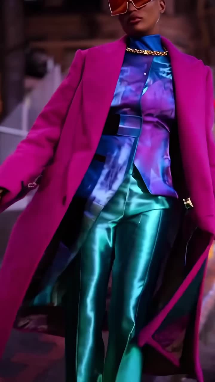 Pemandangan malam perkotaan yang stylish, pengambilan gambar sudut rendah seorang model dengan busana cerah, sempurna untuk video fashion