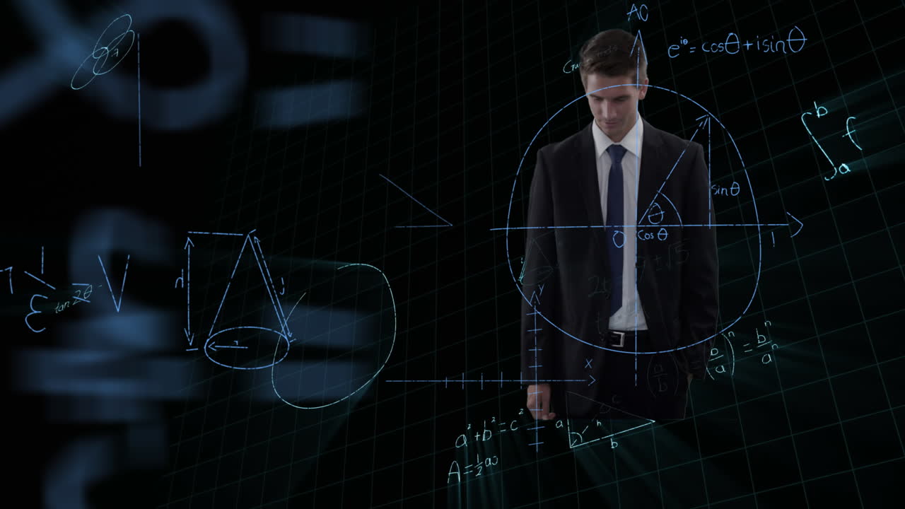 태블릿을 사용하는 사업가에 대한 데이터 처리 및 수학적 방정식의 애니메이션