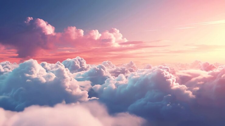 Flying Through Dreamy Pink and Blue Clouds at Sunset