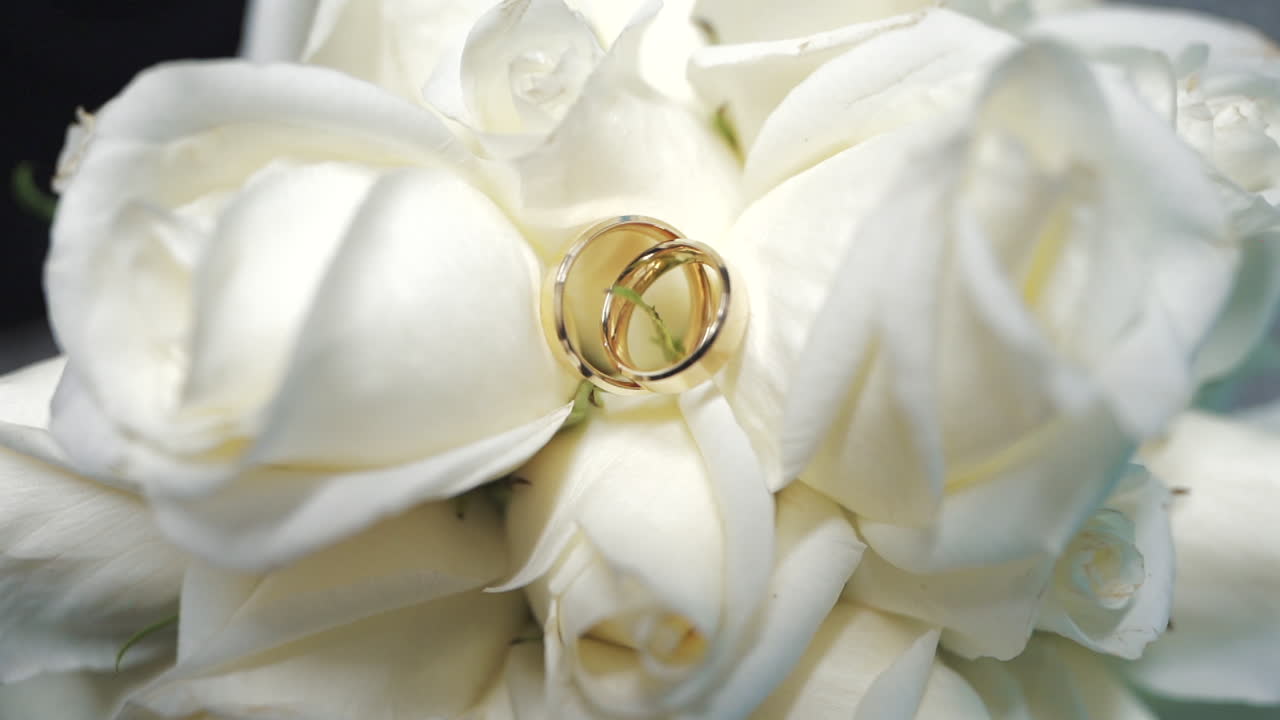 Close-up of golden rings surrounded by white roses, wedding day elegance and commitment