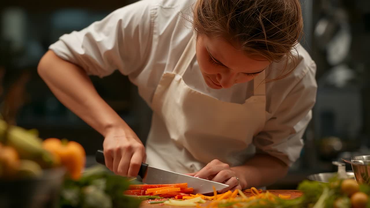 Leaning forward female chef in white coat trimming carrots for service on cutting board, with knife
