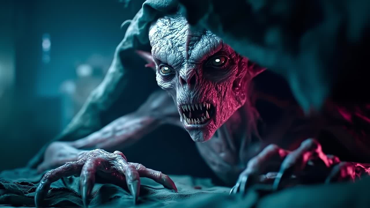 A demonic creature with glowing eyes and fangs in a dark room