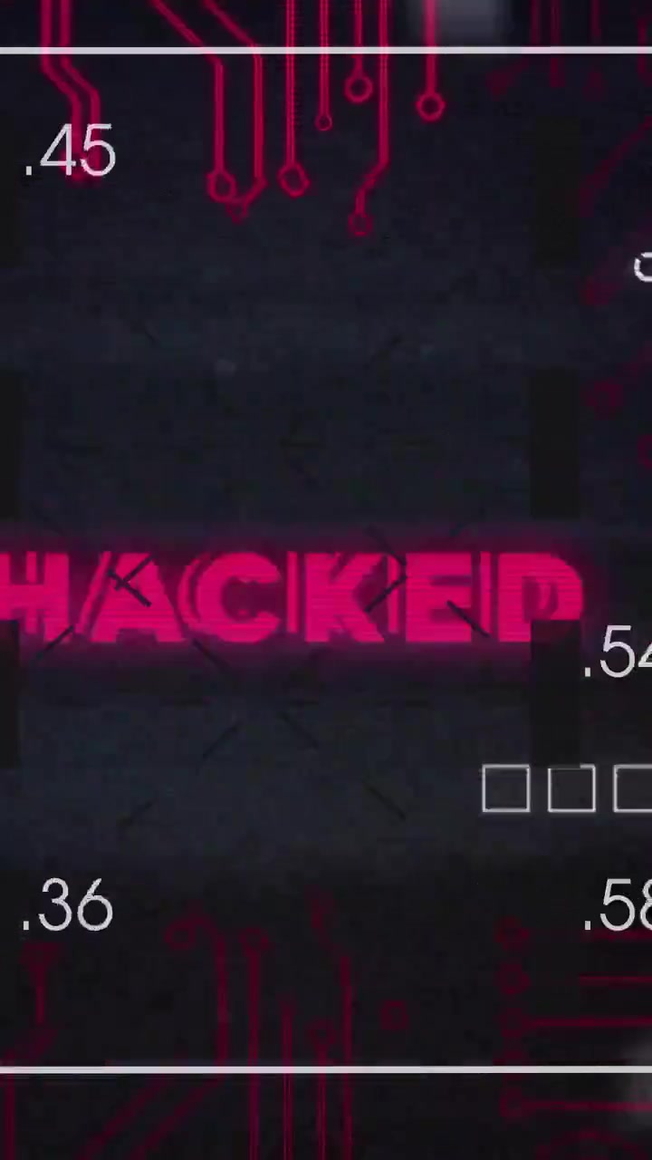 Video verticale: Barra bianca che appare e circuito che si interrompe, la parola "HACKED" che sfarfalla, mostrando una violazione