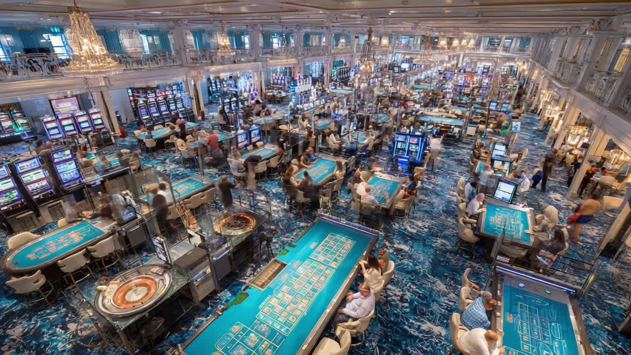 Aerial View of a Bustling Casino Floor Filled with Players, Slot Machines, and Gaming Tables in a Luxurious Setting
