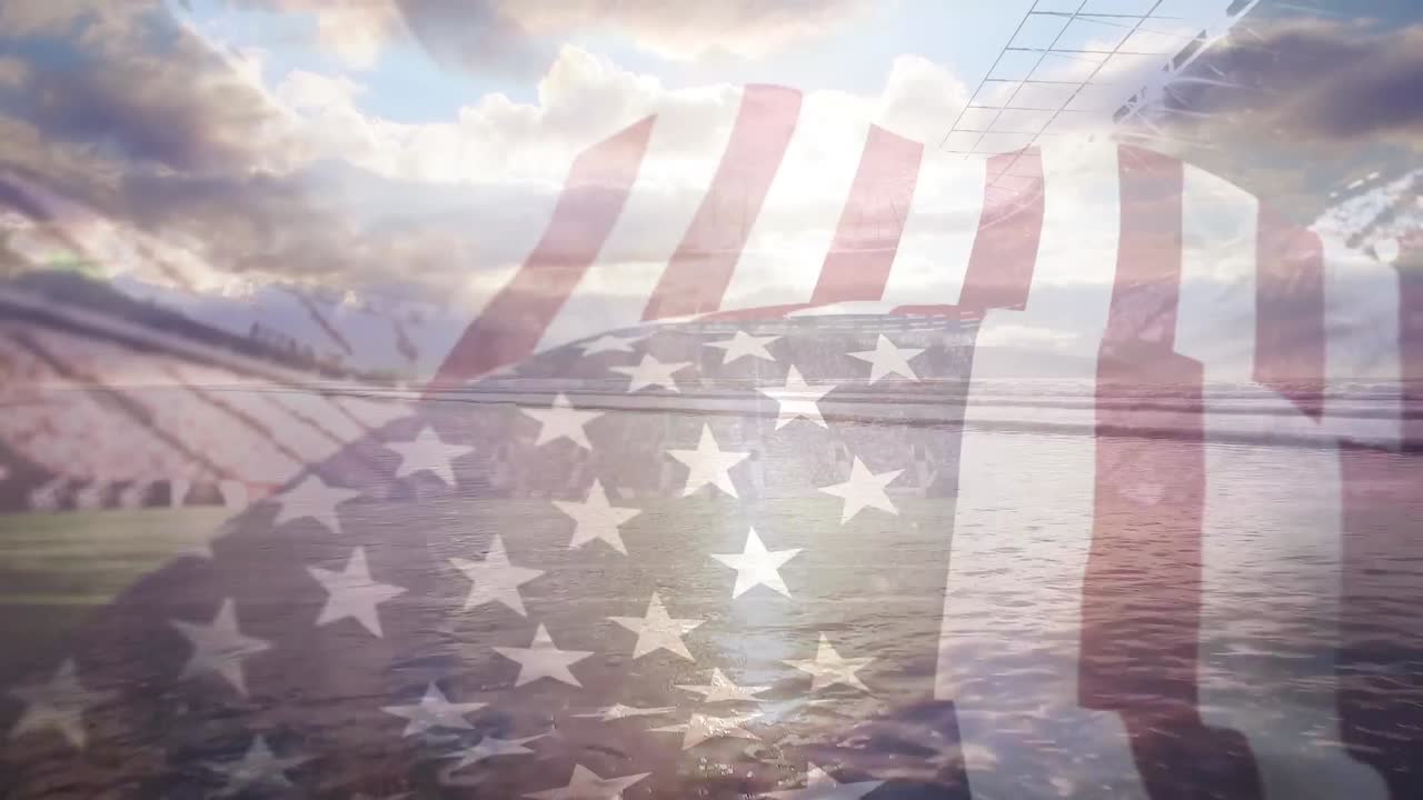 スタジアム上空にはためくアメリカ国旗のアニメーション