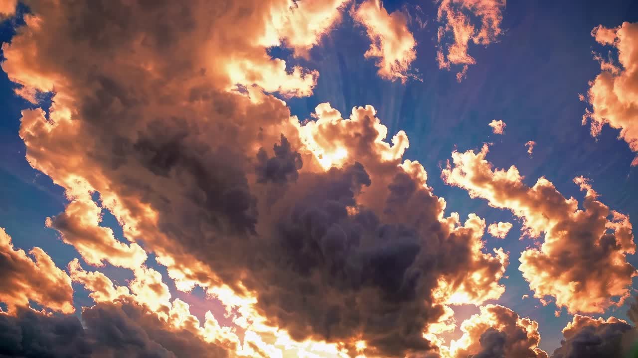 Dramatic low-angle video shot of vibrant, sunlit clouds against a deep blue sky