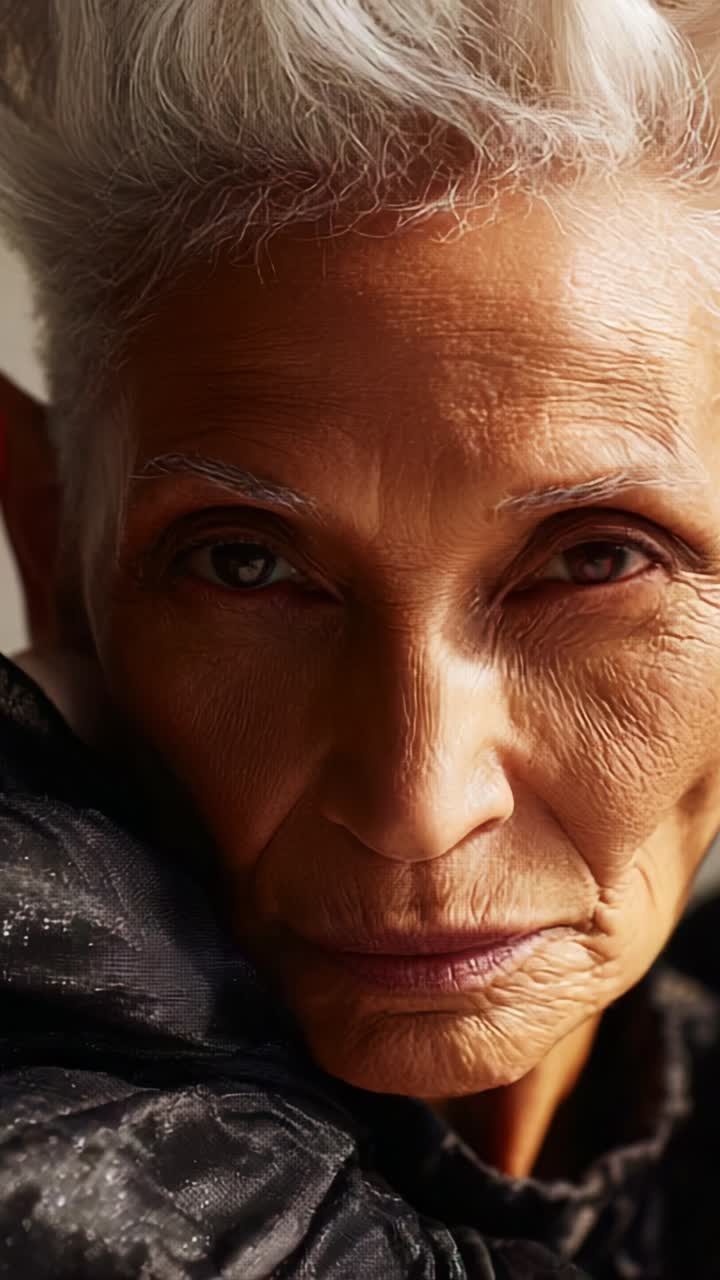A reflective close-up of an elderly woman showcasing her wisdom and experience through the intricate details of her face and the timeless expression in her eyes