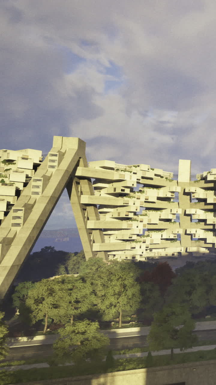 Design de edifício moderno em área urbana sob céu nublado ao pôr do sol.