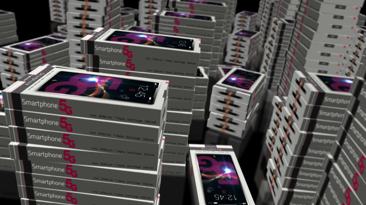 animación de la línea de producción de paquetes de teléfonos inteligentes 5g