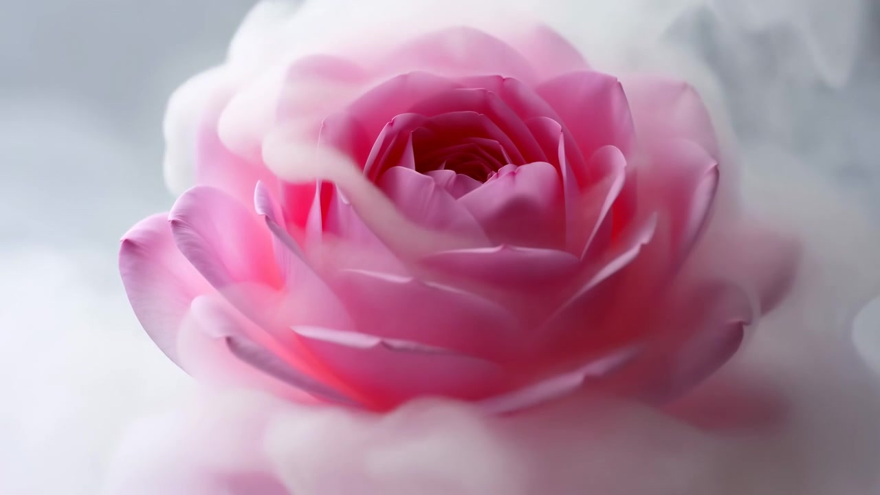 Singola testa di rosa rosa in vista macro ravvicinata, con la spirale dei petali interni che si apre gradualmente mentre una leggera nebbia si diffonde intorno ai petali esterni, creando profondità stratificata, un delicato contrasto e un'eleganza botanica onirica.