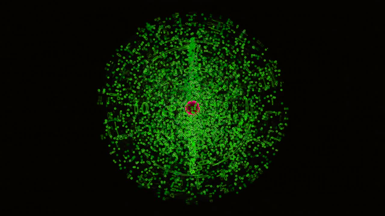 цветный круг с сферой из множества движущихся частиц. дизайн. анимация хаотически быстро движущихся частей вокруг вирусной клетки. изображение вирусной клетки в виде цветного круга и движущихся частиц