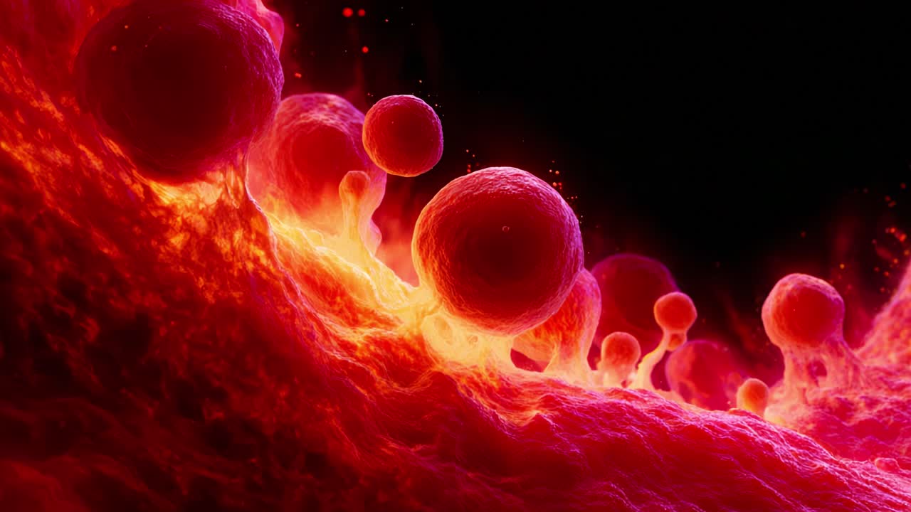 A Vibrant Close-Up of Interacting Cells and Particles in a Fluid Medium, Showcasing the Interplay of Light and Color Against a Dark Background