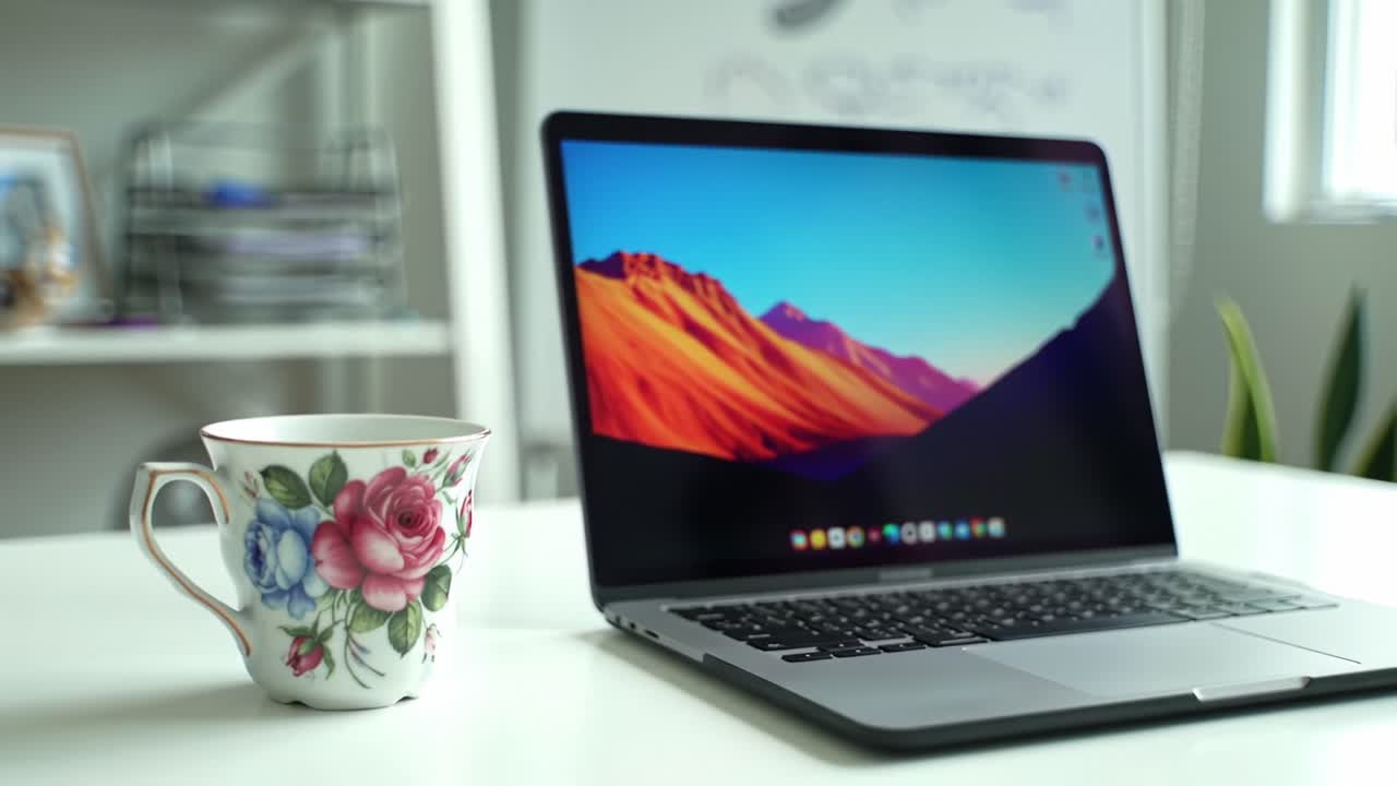 A Serene Workspace Scene Featuring a Floral Coffee Cup and a Stunning Laptop Displaying a Colorful Landscape, Perfect for Inspiring Creativity and Focus