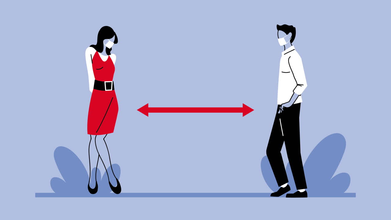 젊은 비즈니스 커플이 코로나19와 사회적 거리를 위해 의료 마스크를 착용하고 있습니다.