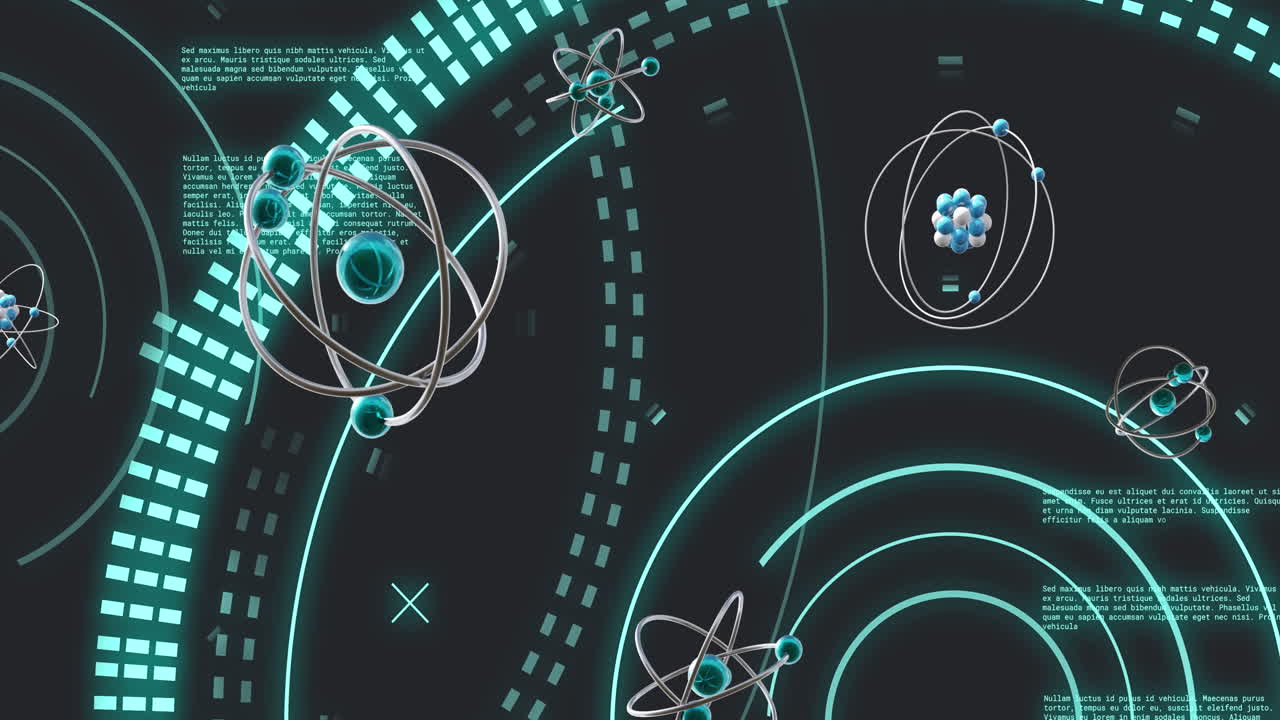 검은색 배경에 빛의 흔적 위에 미세한 원자 모델의 애니메이션