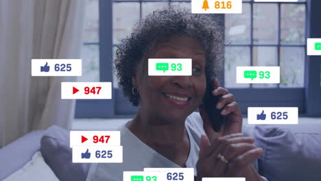 Animación-De-Notificaciones-De-Redes-Sociales-Sobre-Una-Mujer-Hablando-Por-Teléfono-Inteligente-En-Interiores