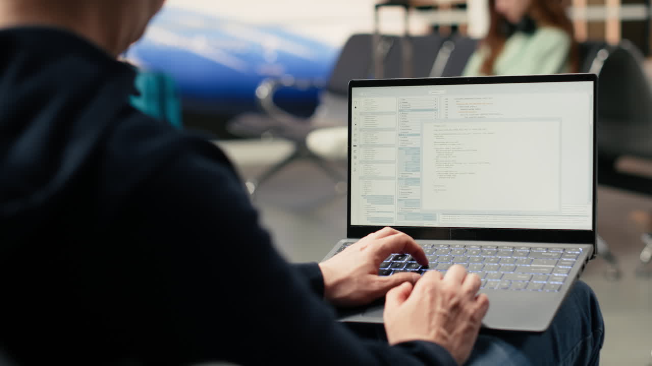 Man Typing Code on Laptop in Airport Waiting Area