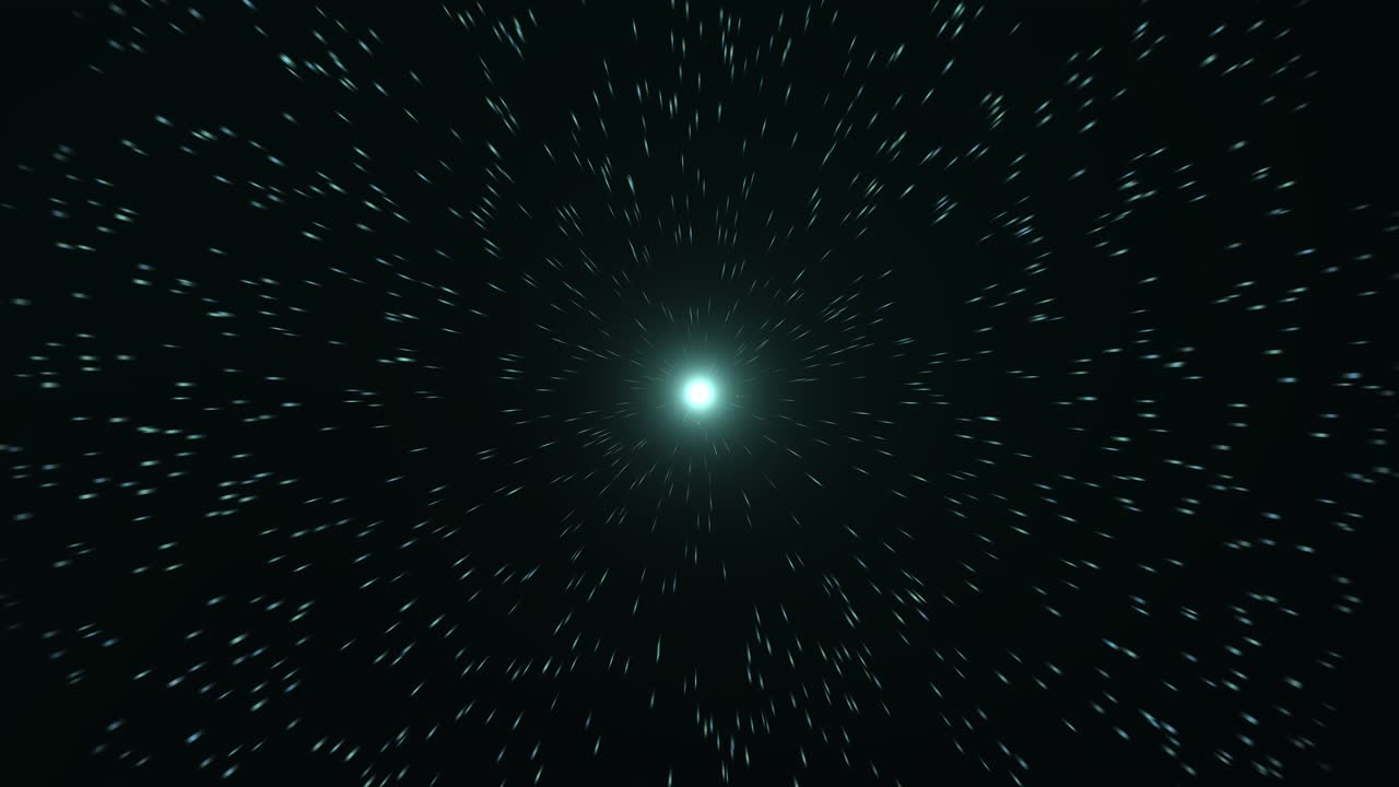 A radiant white light at center emits greenish-blue rays against a black background, with numerous small white particles swirling outward in a dynamic, explosive motion